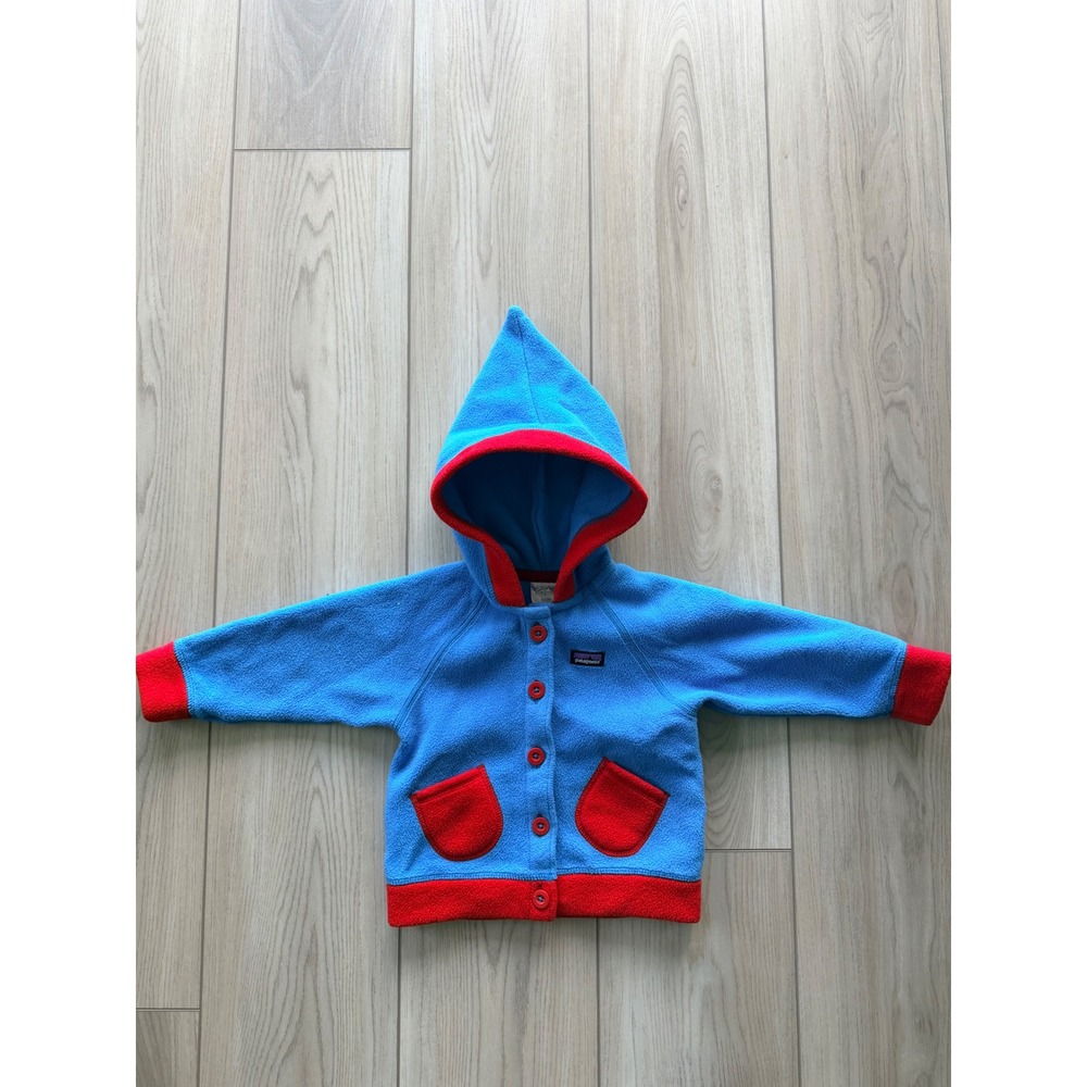 Vintage Patagonia Fleece Hooded Jacket Kids 6-12M Blue Red Synchilla Pixie Hood